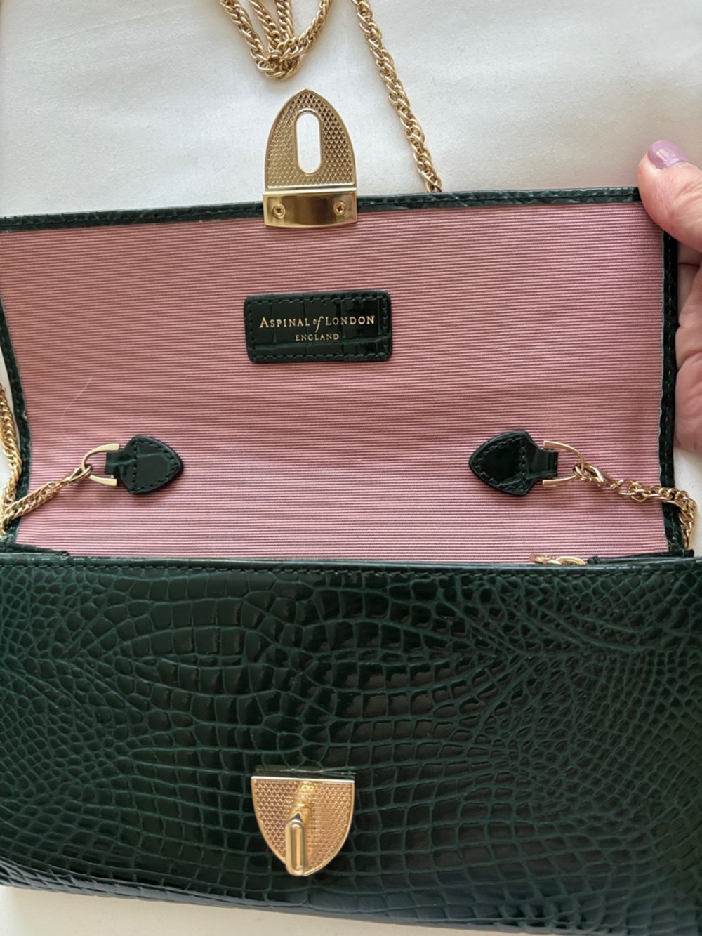Aspinal of London Dark Green Croc-Embossed Chain clutch Bag - Picture 11 of 12
